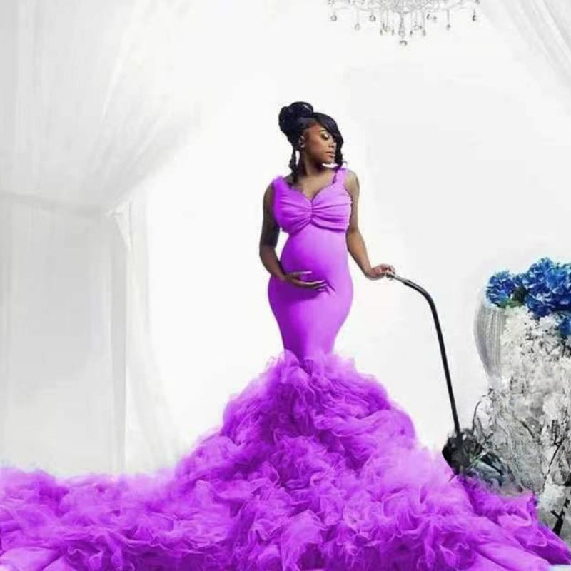 Nouvelle robe photo de grossesse à taille filet souple, queue de poisson, élastique, ample pour grand ventre