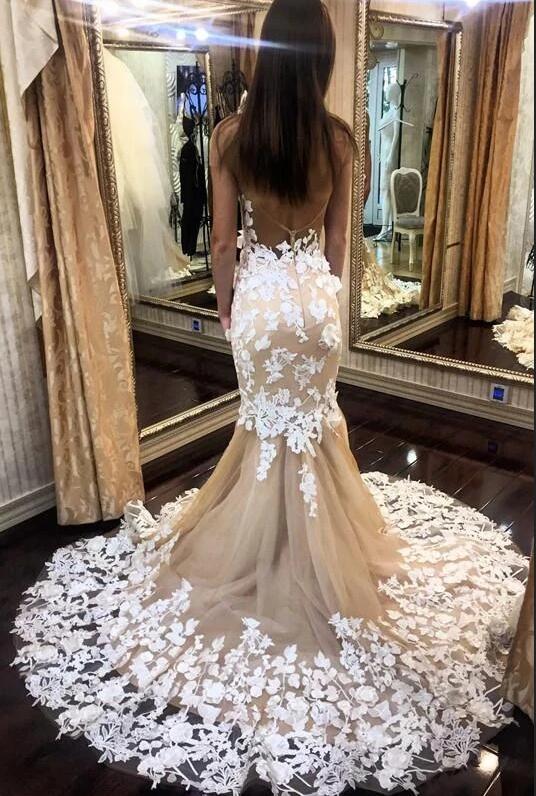 Chic Off The Shoulder Backless Mermaid Wedding Dress Floor Length Appliques Lace