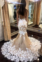 Chic Off The Shoulder Backless Mermaid Wedding Dress Floor Length Appliques Lace