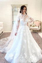 Vintage Open Back Long A Line High Neck Wedding Dress With Lace Sleeves