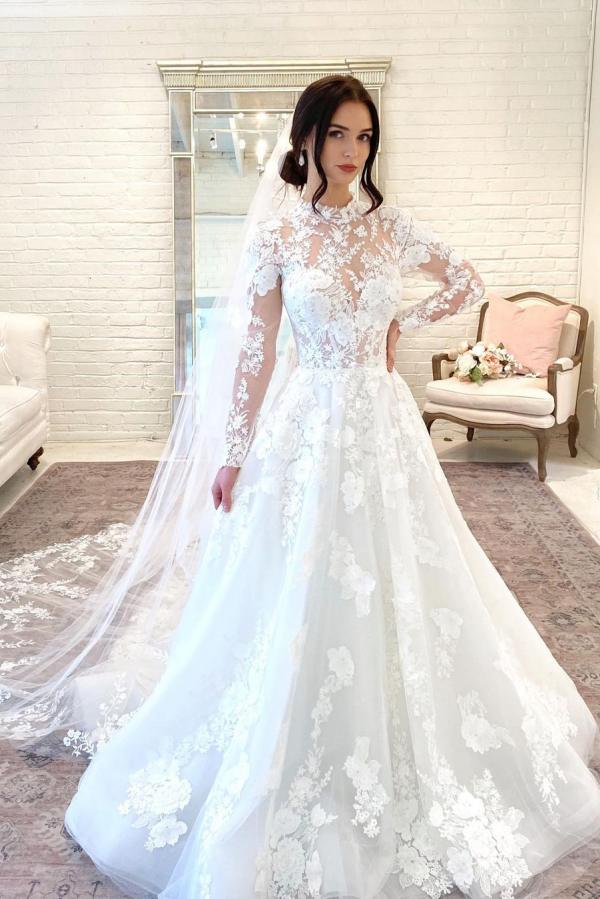 Vintage Open Back Long A Line High Neck Wedding Dress With Lace Sleeves