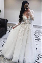 Classy Deep V Neck Long Sleeve A Line Wedding Dress With Applique Lace Tulle