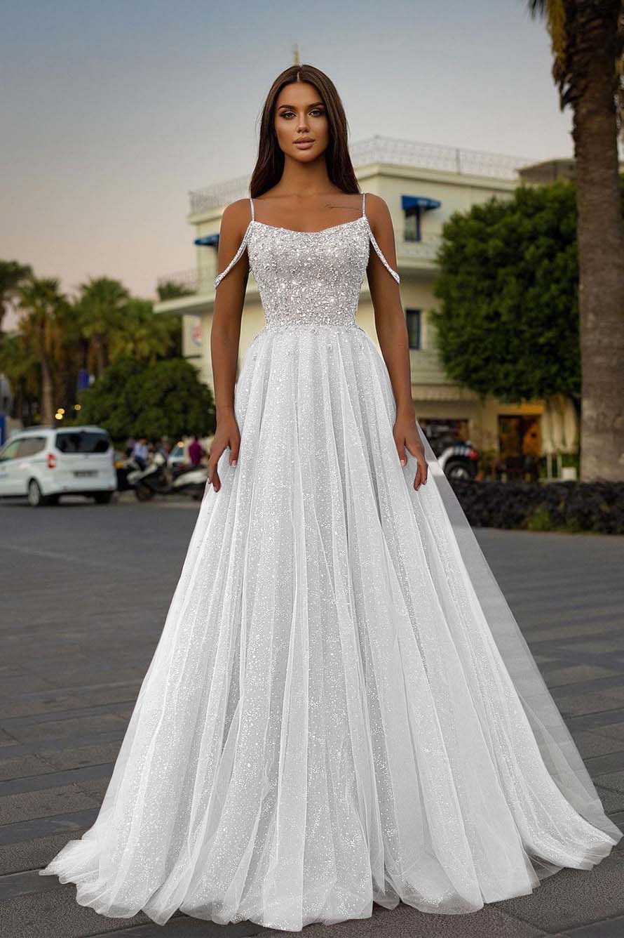 Tulle Spaghetti Strap Sleeveless A Line Prom Dress With Sequins Beads