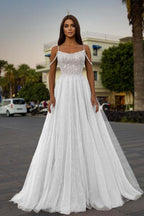 Tulle Spaghetti Strap Sleeveless A Line Prom Dress With Sequins Beads