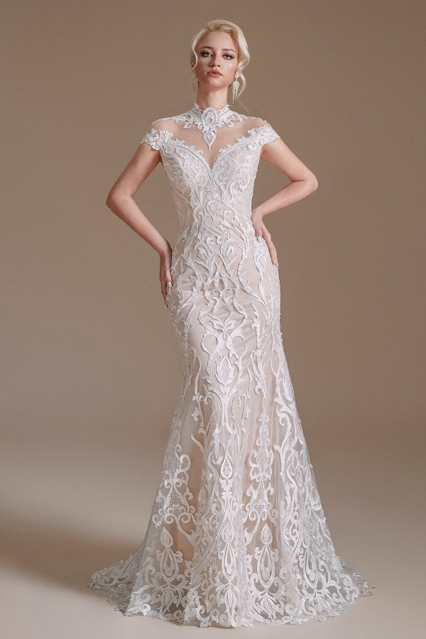 Sexy Lace Mermaid Wedding Dress With High Neck And Long Sleeves