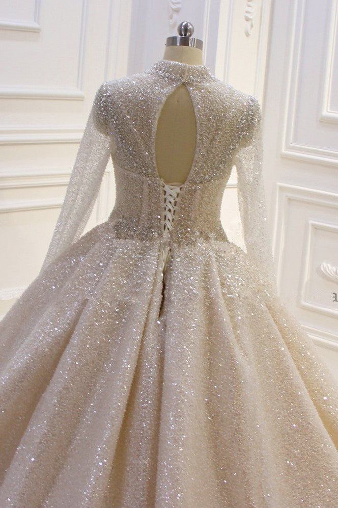 Satin High Neck Wedding Ball Gown With Long Sleeves And Sequins