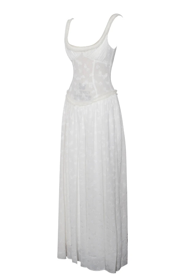 Vestido Maxi Ulissa Verde Claro com Decote Quadrado, Textura Jacquard e Fenda Alta