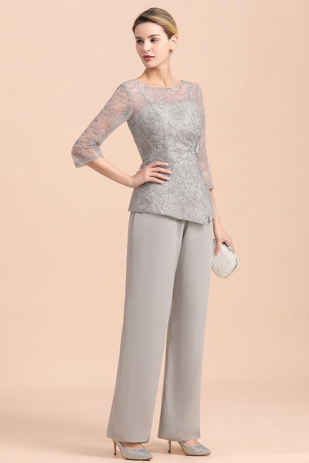 BMbridal Elegant 3/4 Sleeves Lace Chiffon Affordable Mother of Bride Jumpsuit Online