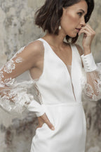 Charmeuse Lace Long Sleeves V Neck Wedding Dress Gown