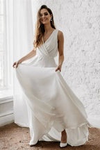 Sleeveless V Neck Long Wedding Dress For Elegant Bridal Gown