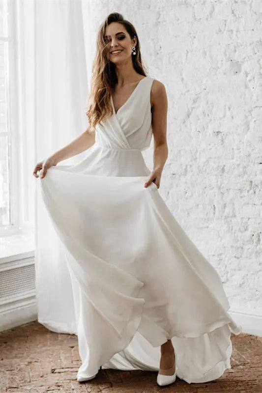 Sleeveless V Neck Long Wedding Dress For Elegant Bridal Gown