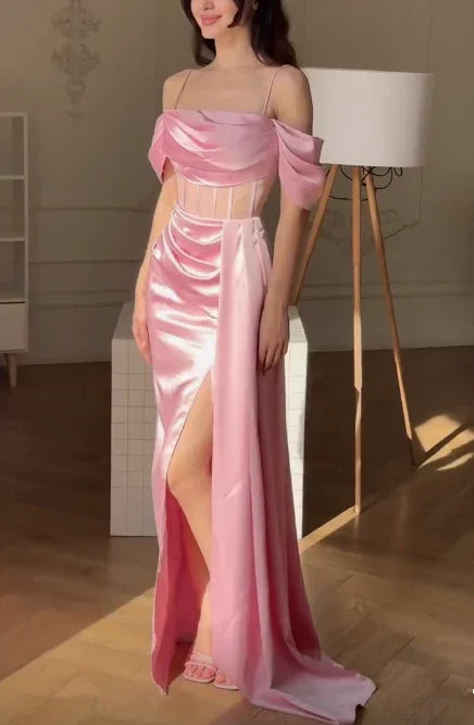 Vestido de fiesta elegante rosa con hombros descubiertos, corte sirena y abertura, vestido de noche Y7625