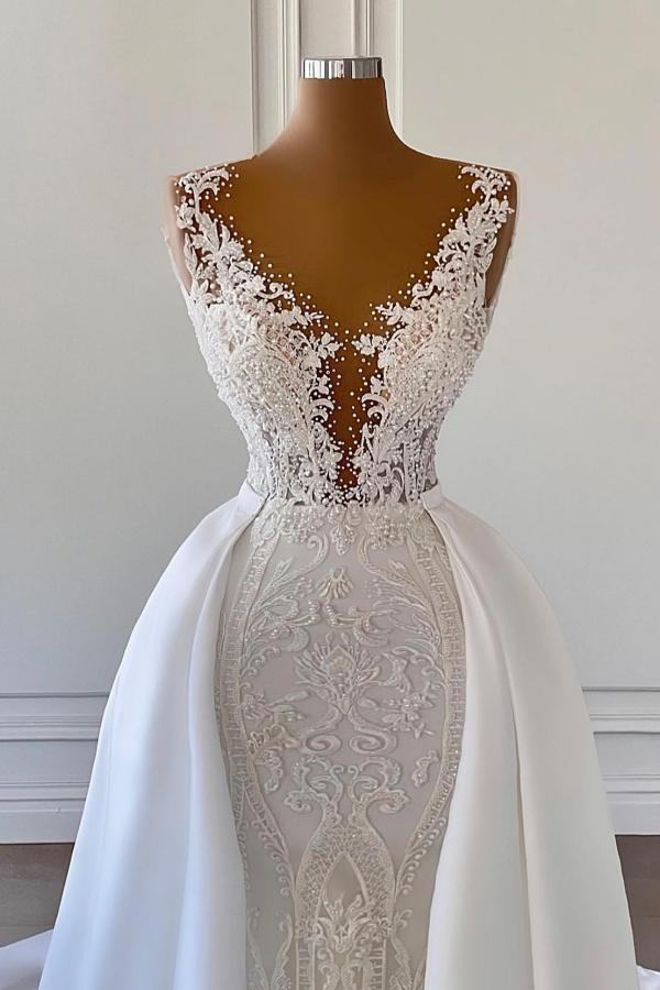 Gorgeous White Crystal Lace Appliques Mermaid Wedding Dress With Overskirt