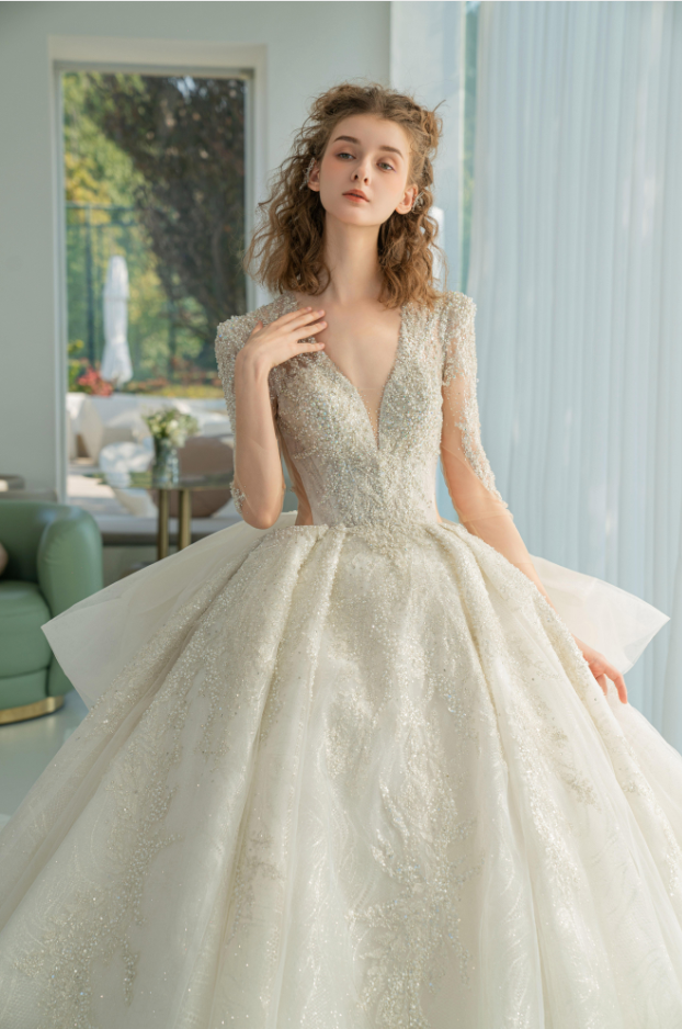 Luxe V-Neck Crystal Ball Gown Wedding Dress with Long Lace Sleeves & Oversized Bow