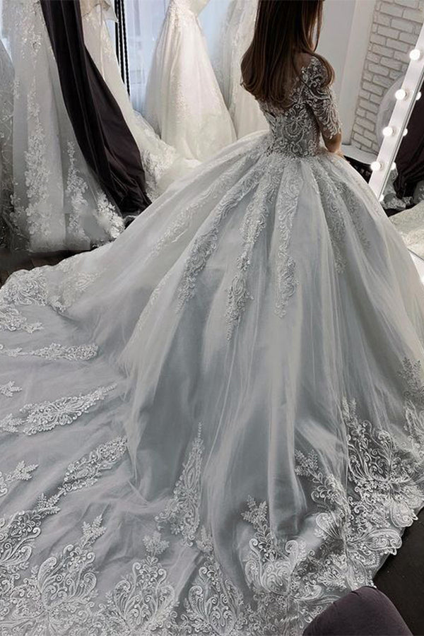 Chic Ball Gown Wedding Dress With Short Sleeves Sheer Tulle And Appliques