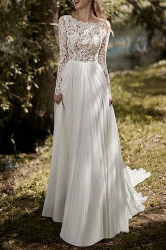 Lace Long Sleeve Chiffon Bridal Wedding Dress With Ethereal Silhouette