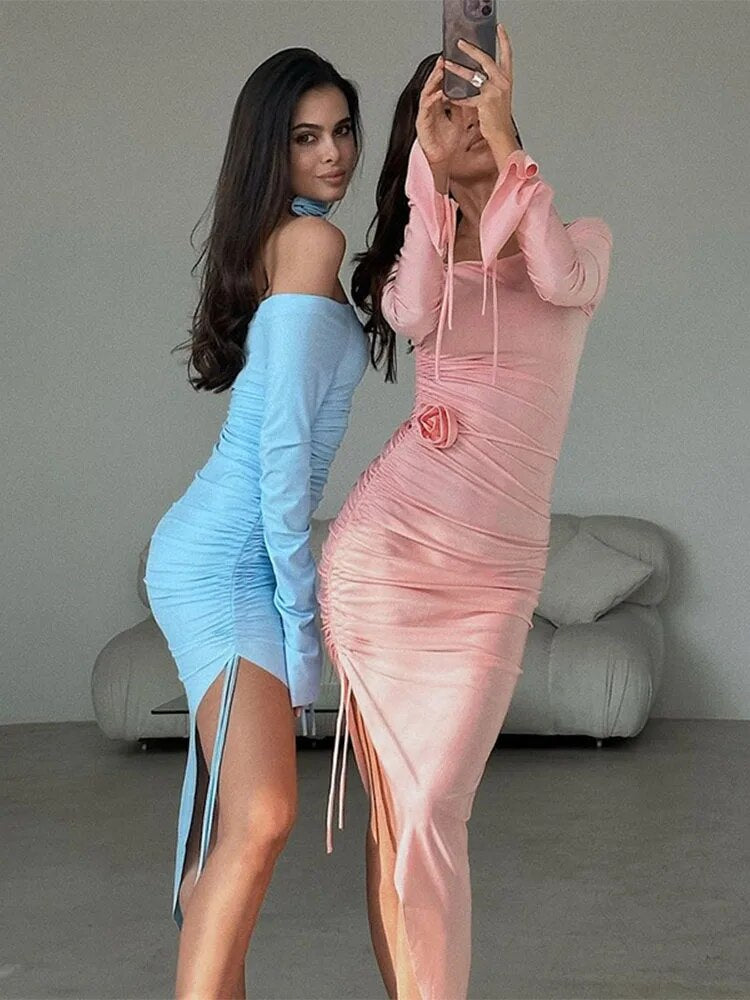 Vestito Midi Plissettato con Spacco Laterale TARUXY per Donna, Allacciato Corpo, Abito Lungo Sensuale da Sera, Donna con Temperamento per Feste, Abito da Sera Femminile 2023