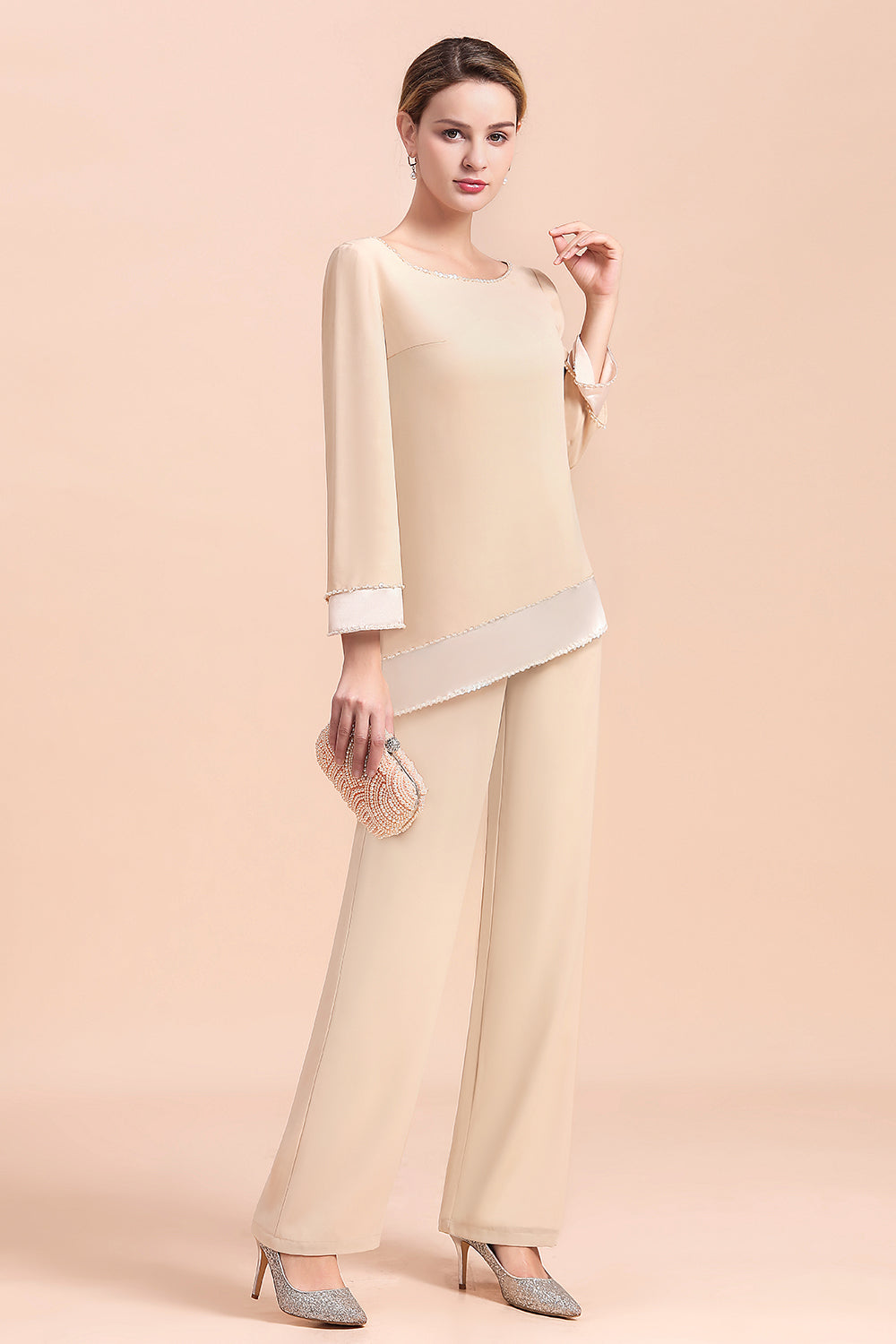 BMbridal Chic Round-Neck Champagne Chiffon Mother of Bride Jumpsuit Online
