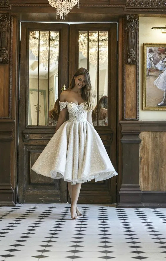 Vintage Short A Line Off The Shoulder Lace Wedding Dress With Appliques