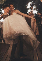 Romantic Long Tulle Lace Wedding Dress with Spaghetti Straps A Line V Neck
