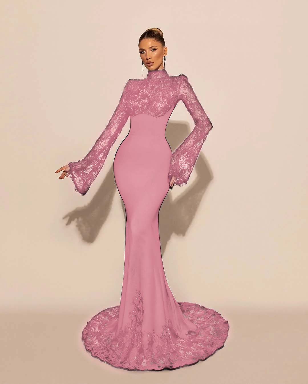 Custom High Neck Lace Mermaid Prom Dress With Pleated Long Sleeves