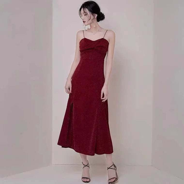 Wine red party dress spaghetti straps evening dress high slit prom dress backless formal dress custom made Y1140