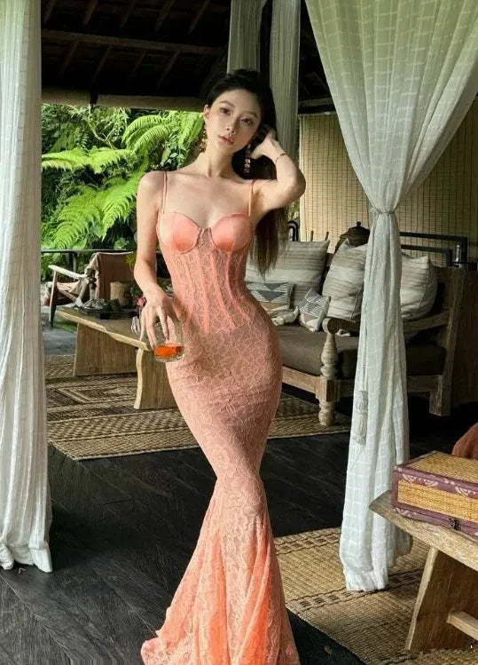 Vestido largo de noche sirena con encaje seductor Y7693