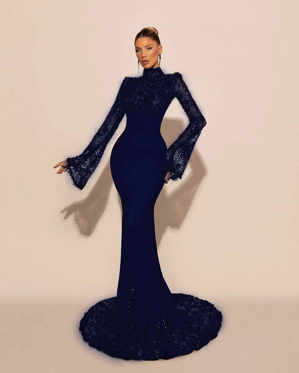 Custom High Neck Lace Mermaid Prom Dress With Pleated Long Sleeves