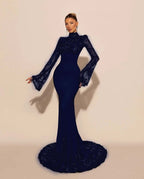 Custom High Neck Lace Mermaid Prom Dress With Pleated Long Sleeves