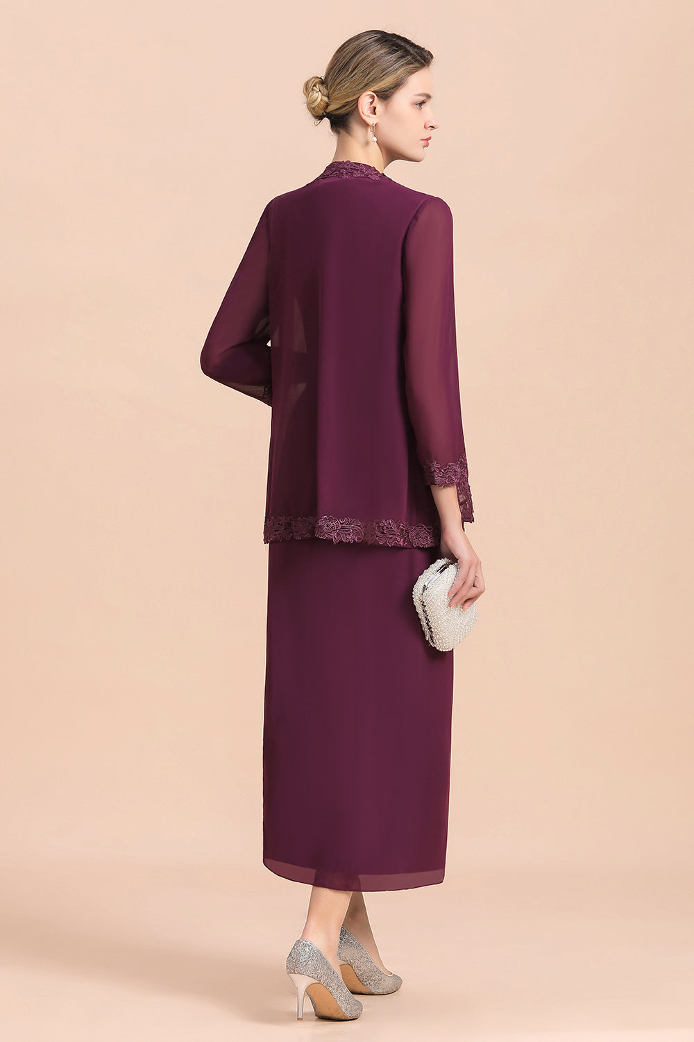 BMbridal Elegant V-Neck SLeeveless Apppliques Grape Mother of Bride Dress with Wraps