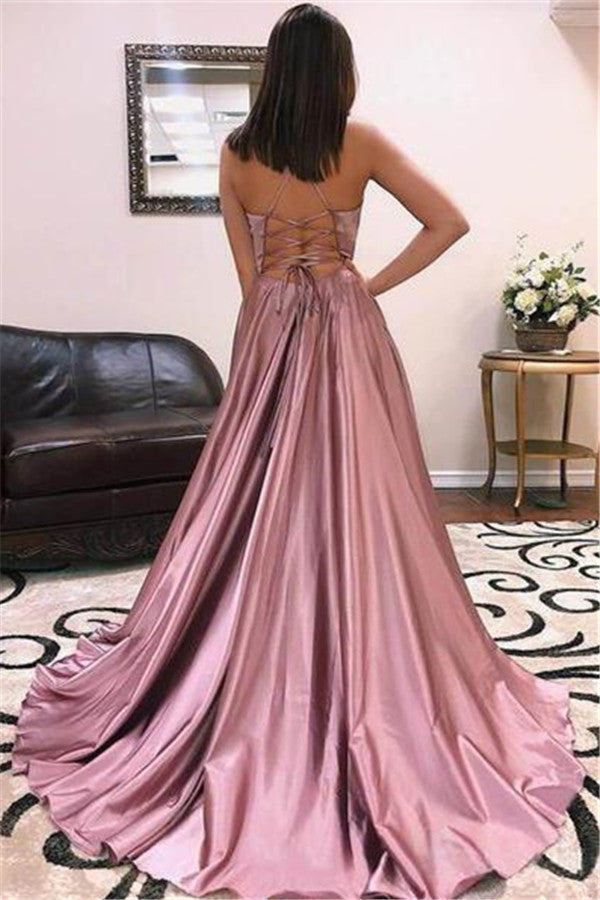 Robe de bal sirène fendue à bretelles spaghetti avec dos lacé