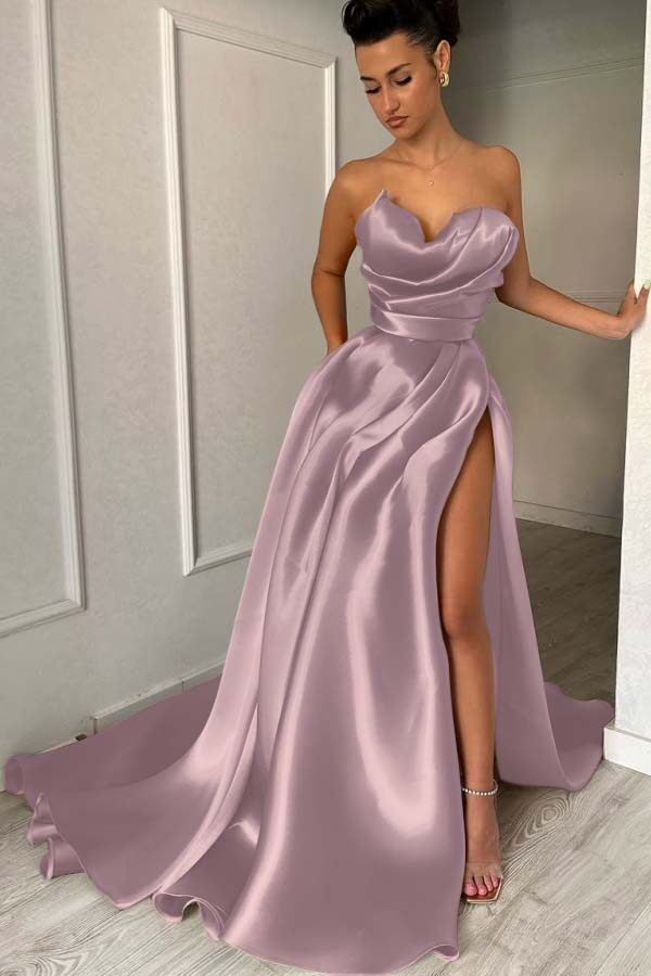 Strapless Sleeveless Long Prom Dress With High Split Pleated