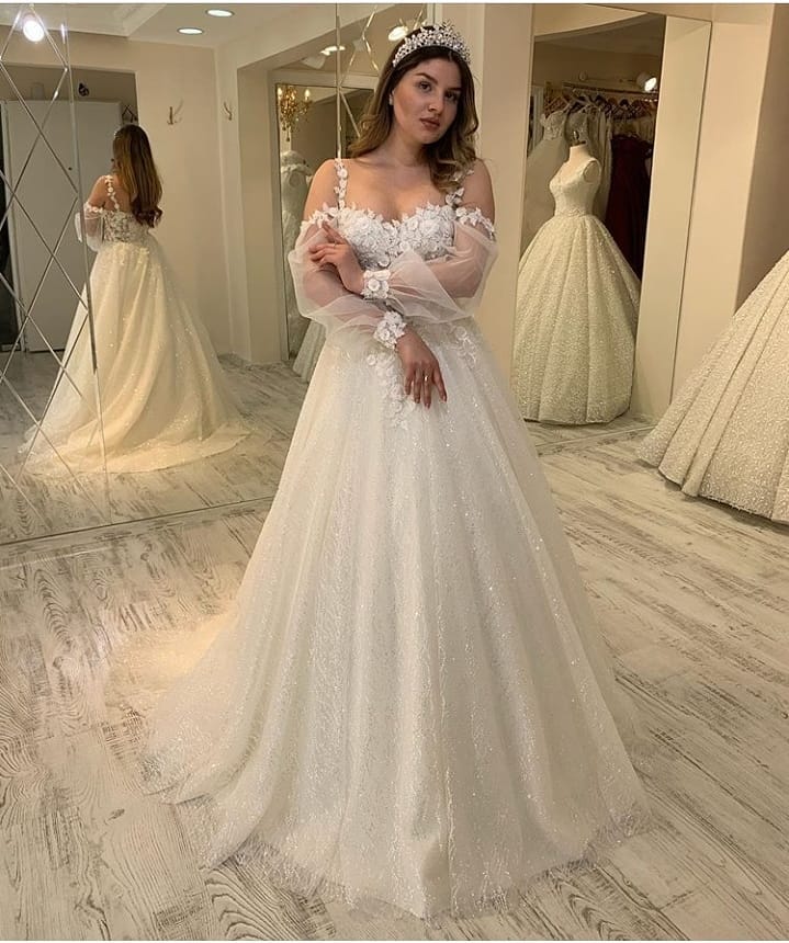 Glitter Spaghetti Straps Sweetheart A Line Long Wedding Dress With Sleeves