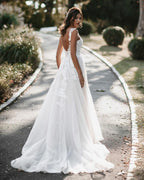Charming Tulle Backless Long A Line V Neck Wedding Dress With Lace