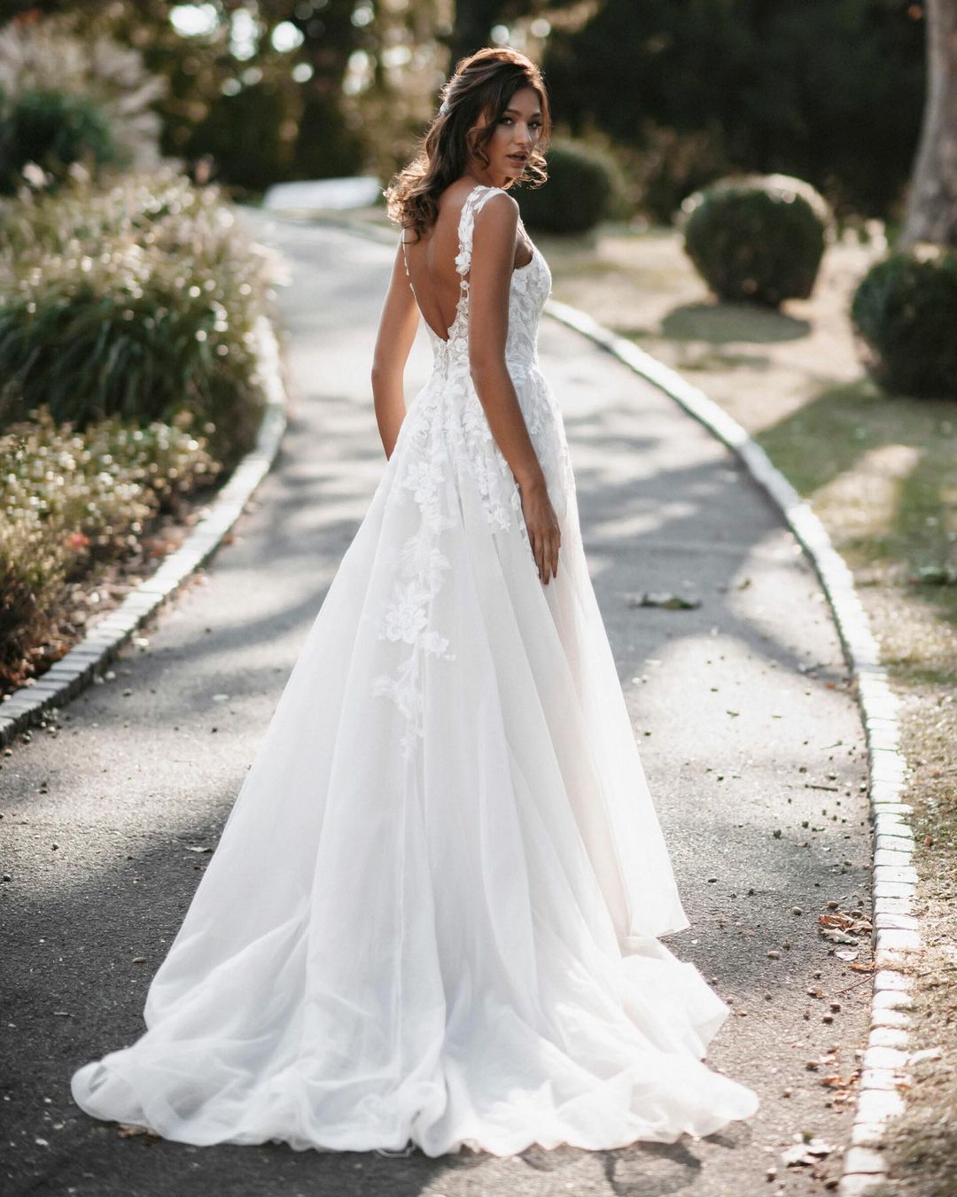 Charming Tulle Backless Long A Line V Neck Wedding Dress With Lace
