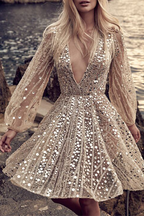 Fashion Bronzing Split Joint Durchsichtiges Abendkleid mit V-Ausschnitt 