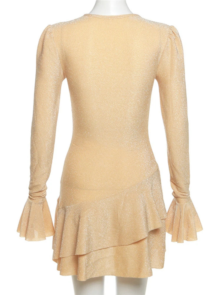 Vestido Feminino TARUXY Decote em V Profundo Cintura Alta Bodycon Mini com Prega e Aplicação para Festa de Inverno