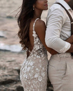 Charming V Neck Long Mermaid Floral Wedding Dress With Lace Backless