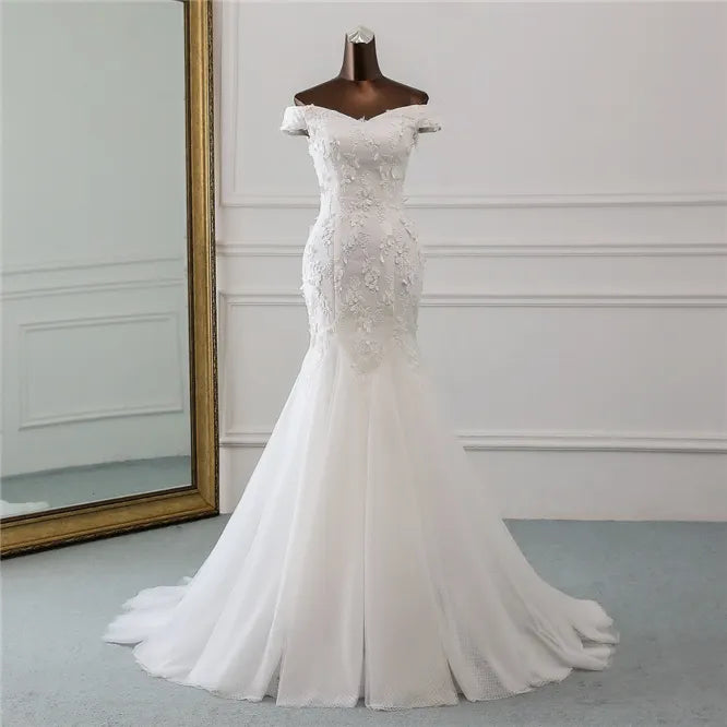Sexy Long Off The Shoulder Mermaid Silhouette Wedding Dress With Lace Tulle