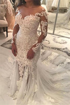 Off The Shoulder Mermaid Wedding Dress With Long Sleeves Beaded Lace Appliques