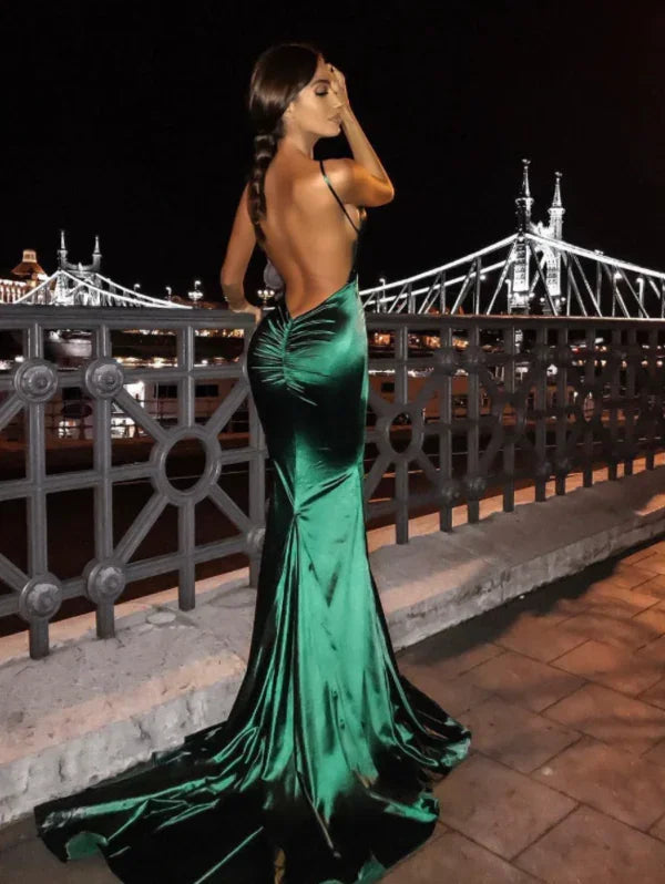 Robe de bal longue vert foncé Sirène, robe de soirée dos nu Y626