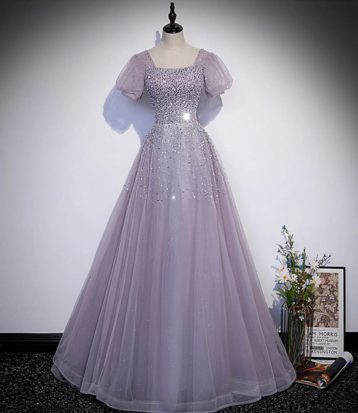 Vestido largo de fiesta de tul morado con cuentas, vestido de noche línea A s59
