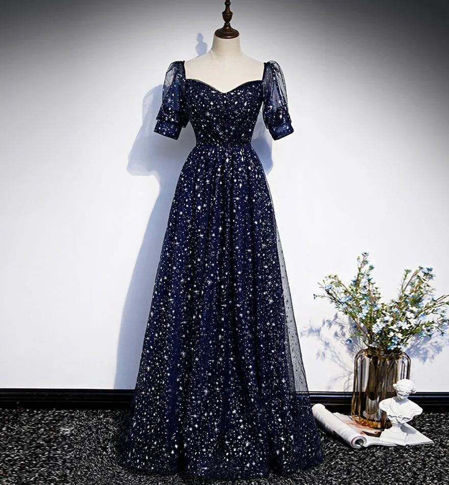 Blue tulle long prom dress blue evening dress s106