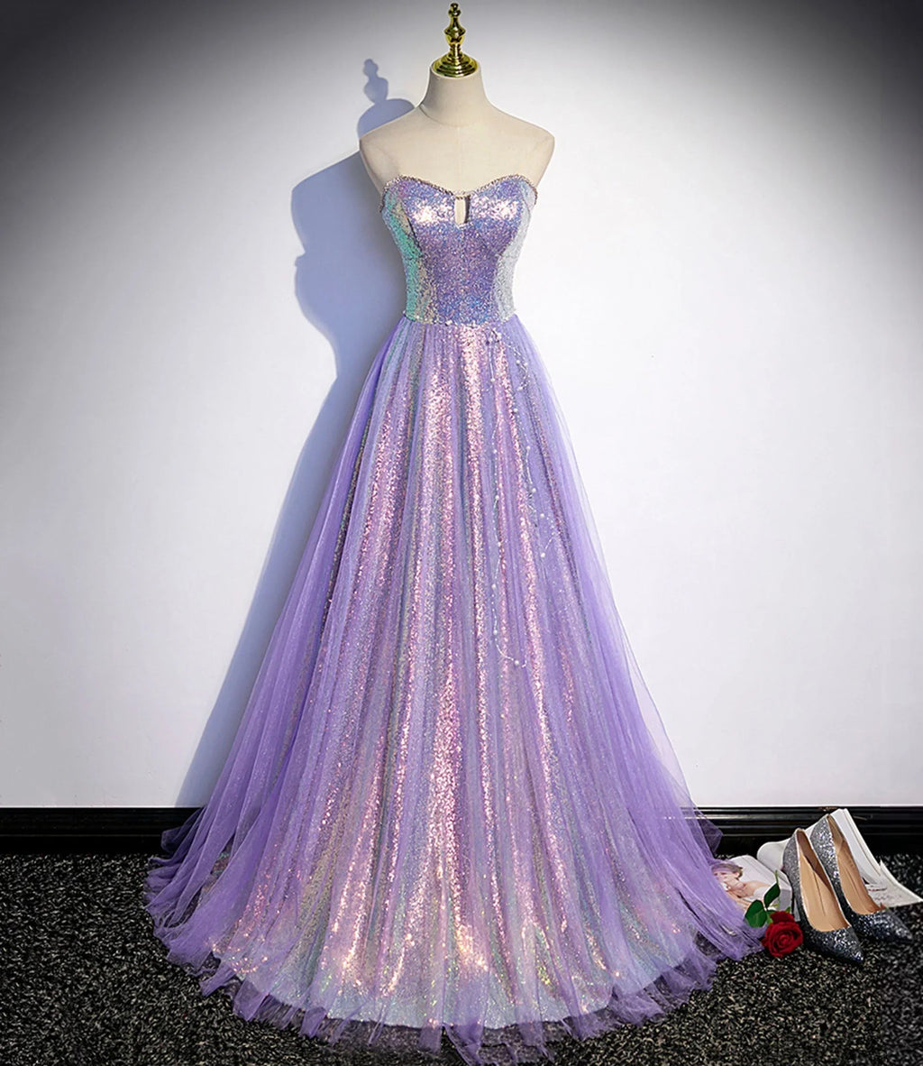 Langes Ballkleid aus lila Tüll mit Pailletten Abendkleid s84