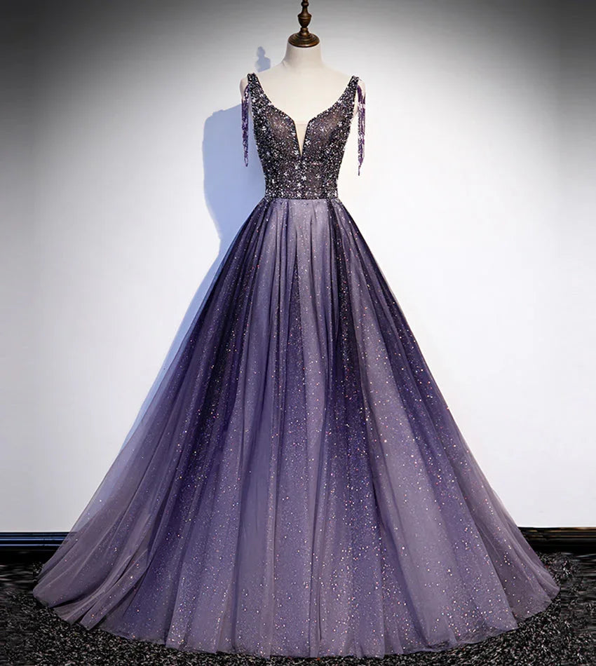 Robe longue de bal violette en tulle à col en V avec perles robe de soirée s104