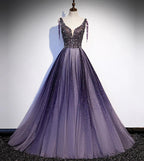 Robe longue de bal violette en tulle à col en V avec perles robe de soirée s104