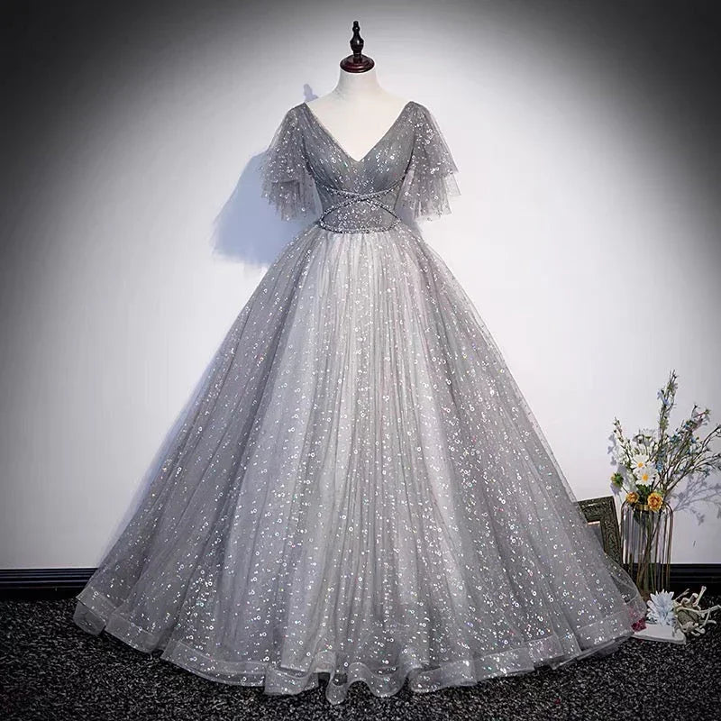 Graues Tüllkleid mit Pailletten, lang, Ballkleid in A-Linie, Abendkleid s65