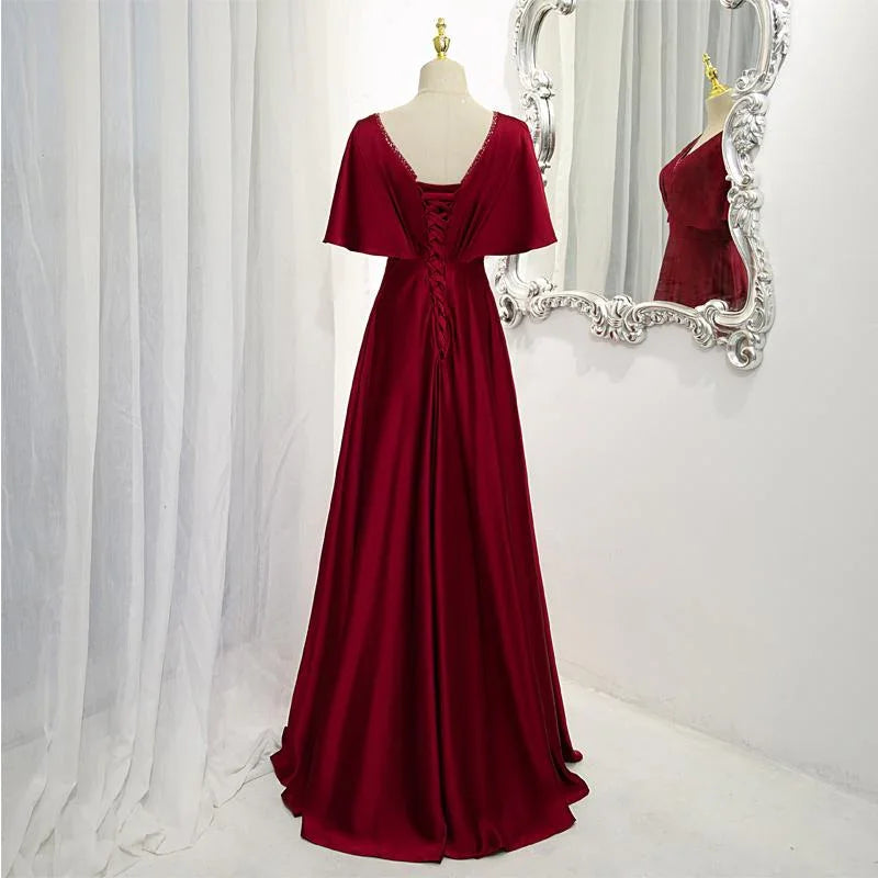 Dark Red Satin A-line Floor Length Evening Dress, Wedding Guest Dresses Y1439