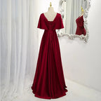 Dark Red Satin A-line Floor Length Evening Dress, Wedding Guest Dresses Y1439