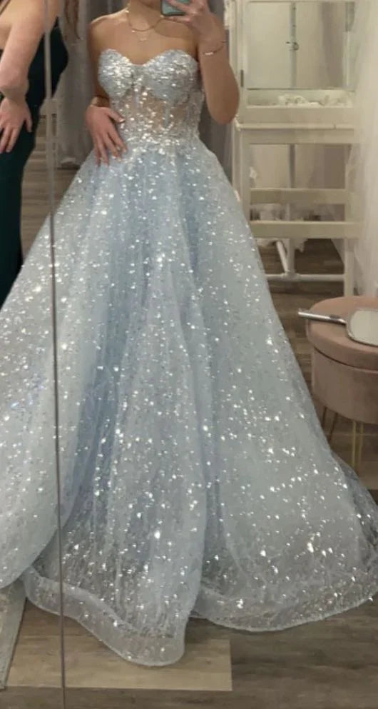 Vestido largo de fiesta azul con tul y lentejuelas, escote corazón brillante, vestido de noche sexy en línea A Y1391